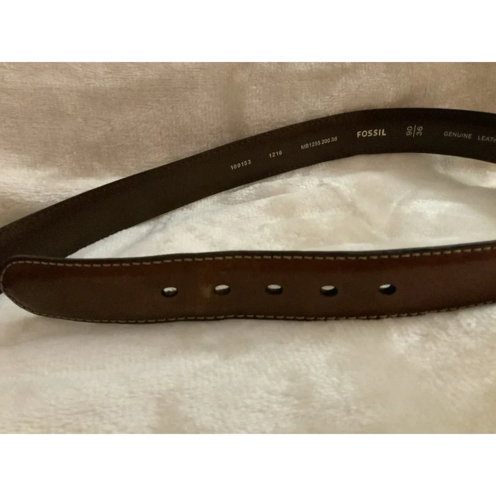 Fossil Brown Leather Belt Contrast Stitching Heavy Duty Buckle Size 36